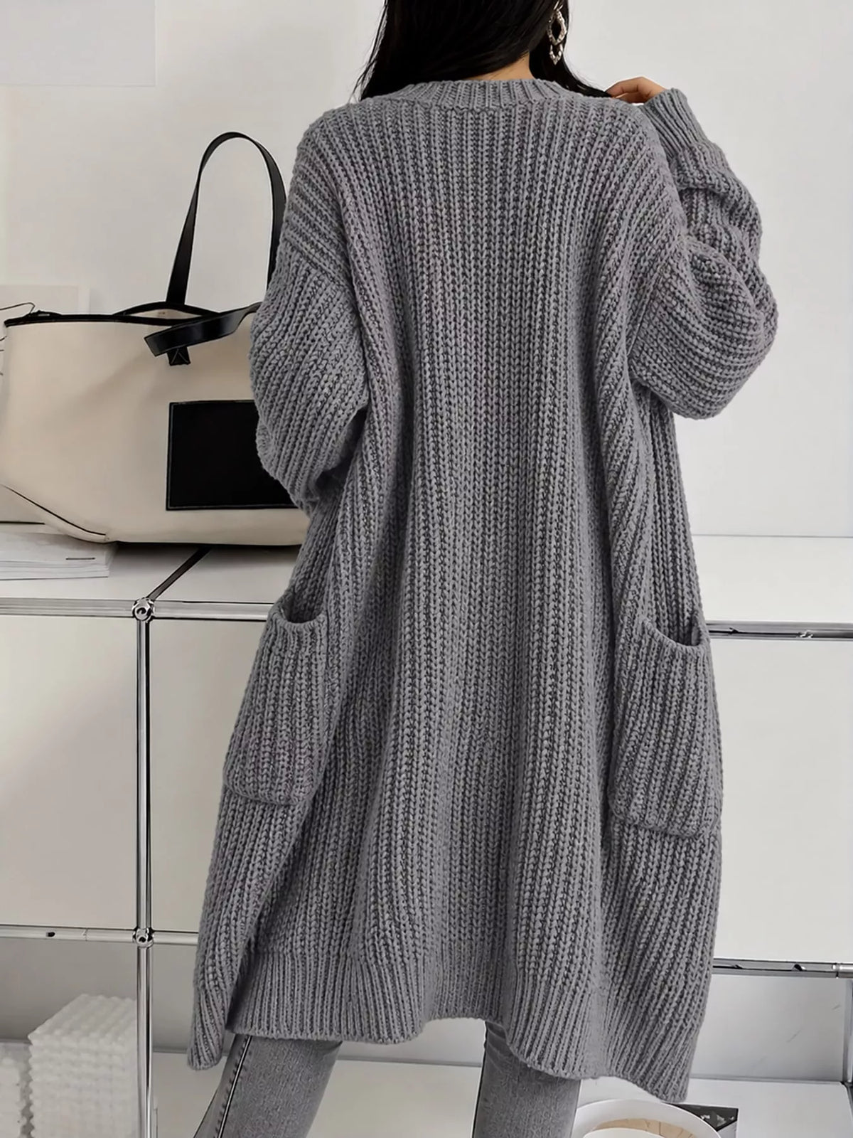 Full Size Chunky Knit Openwork Front Longline Cardigan Plus Size
