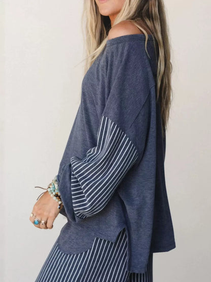 Striped Boat Neck Top and Wide-Leg Pants Set