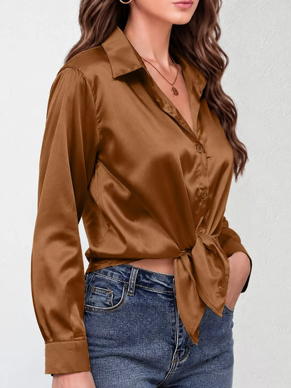 Satin Button-Down Long Sleeve Shirt