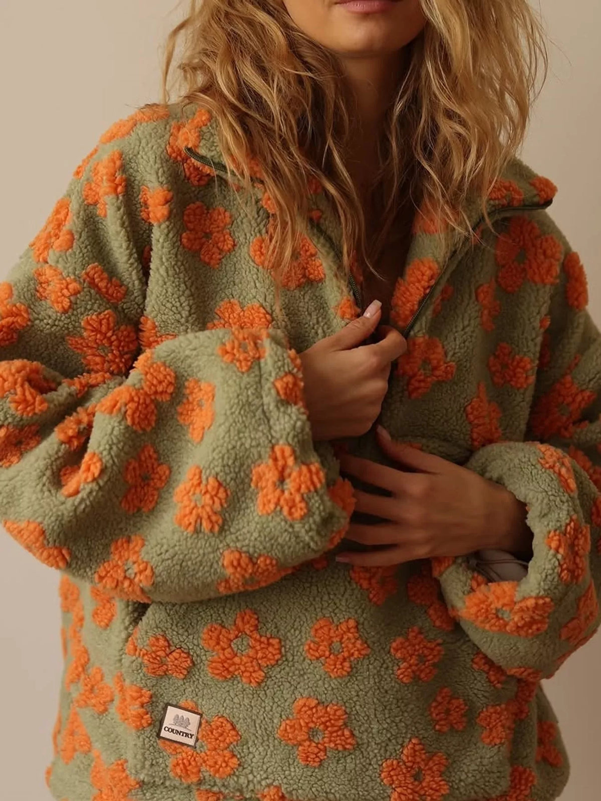 Floral Quarter-Zip Sherpa Sweatshirt