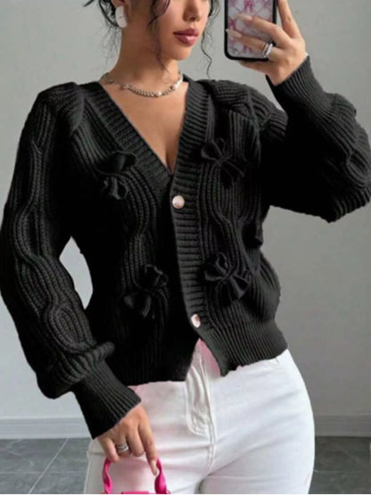 Bow Cable Knit V-Neck Cardigan