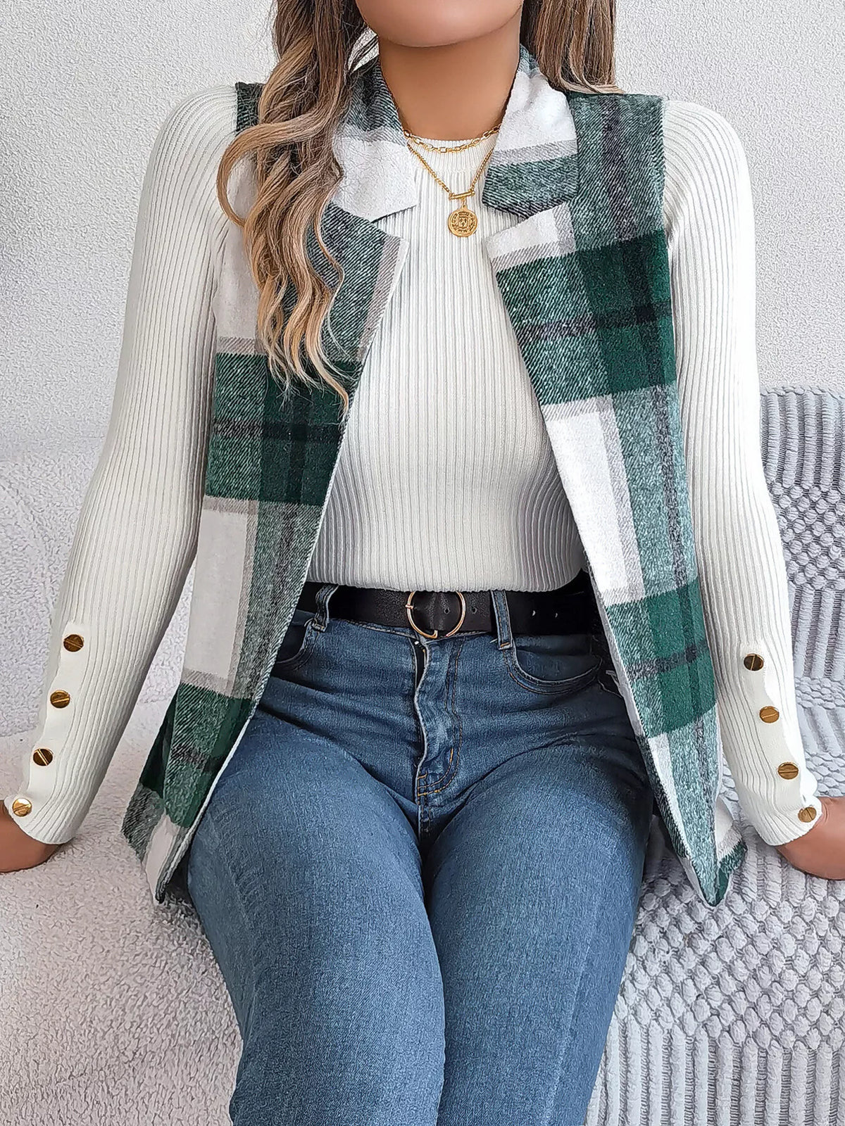 Plaid Open Front Vest