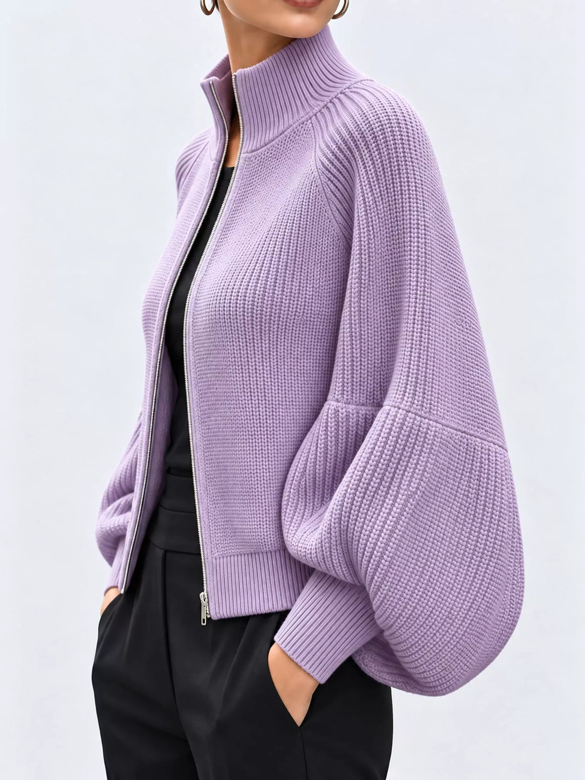 Full Size Elegant Ribbed Knit Zip-Up Cardigan with Lantern Sleeves Plus Size