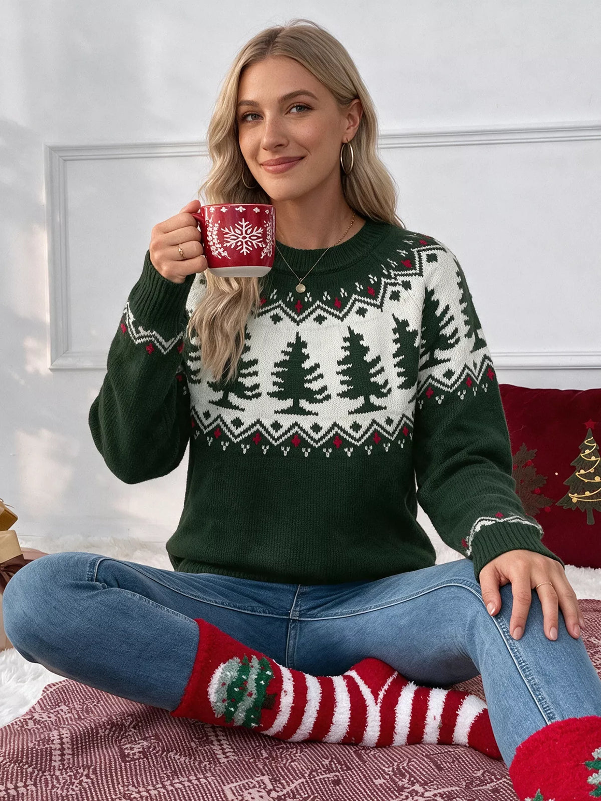 Christmas Tree Pattern Round Neck Sweater