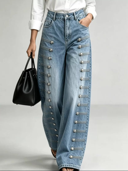 Decorative Button Wide-Leg Jeans