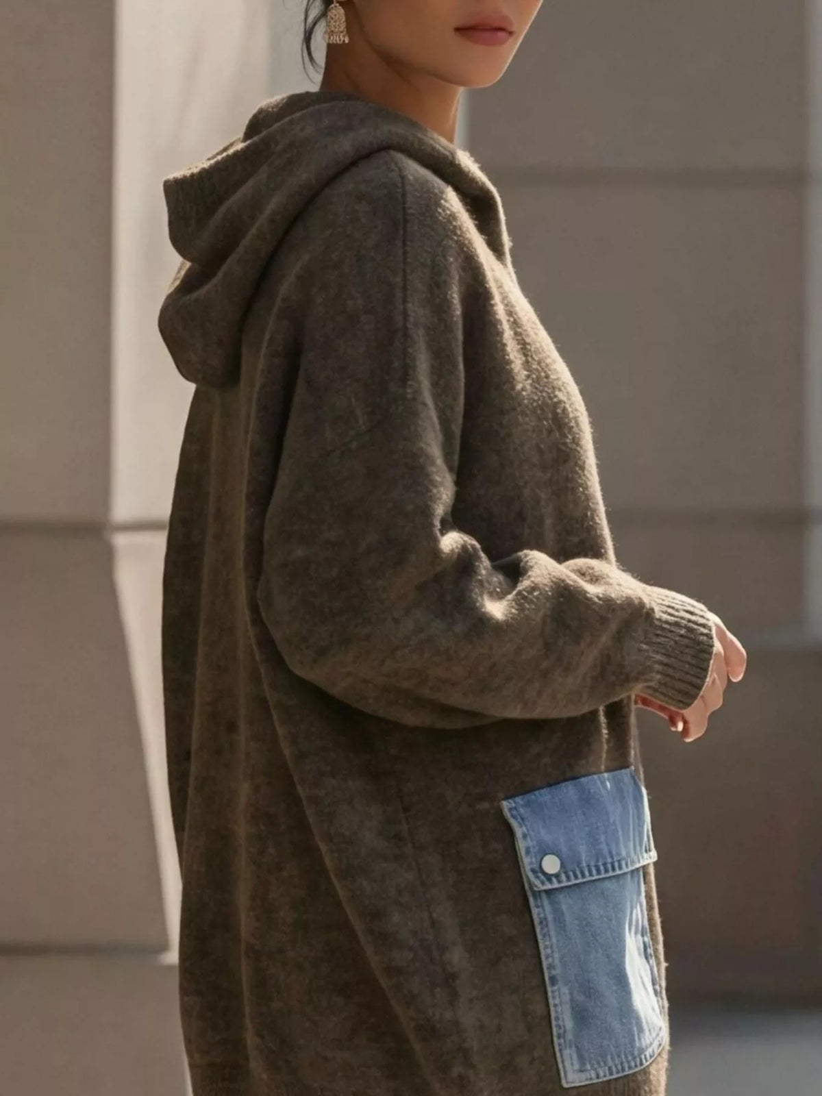 Contrast Denim Pockets Hooded Cardigan