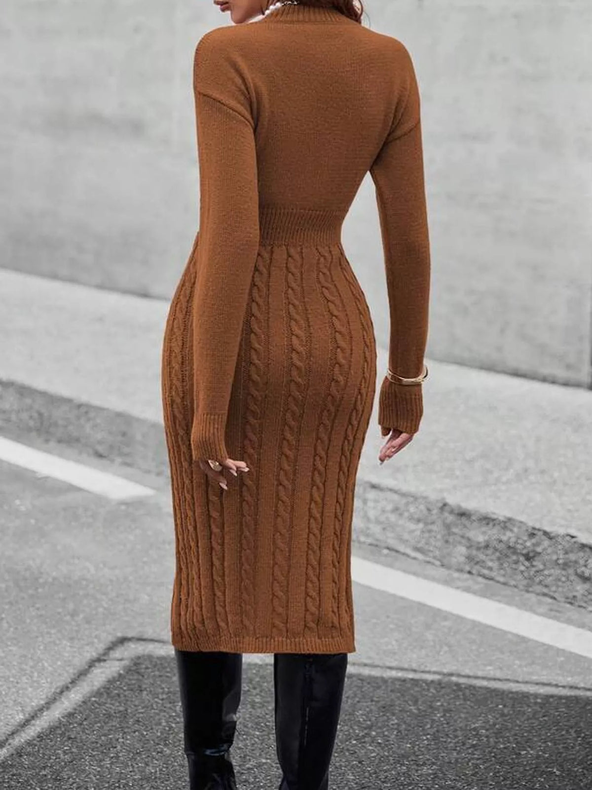 Full Size Mock Neck Cable Knit Sweater Dress with Front Slit Plus Size