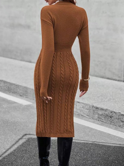Full Size Mock Neck Cable Knit Sweater Dress with Front Slit Plus Size