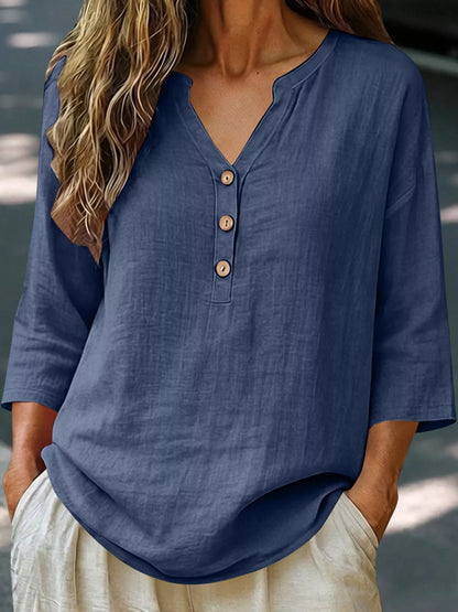 Full Size Button Detail Notched 3/4 Sleeve Blouse Plus Size