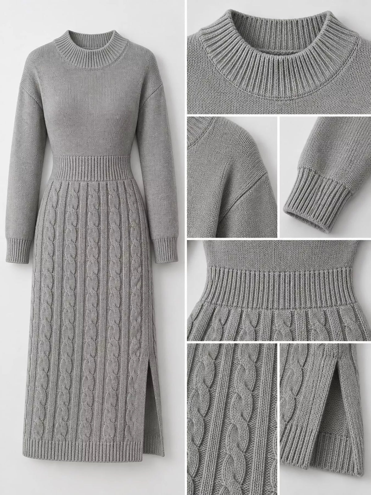 Full Size Mock Neck Cable Knit Sweater Dress with Front Slit Plus Size