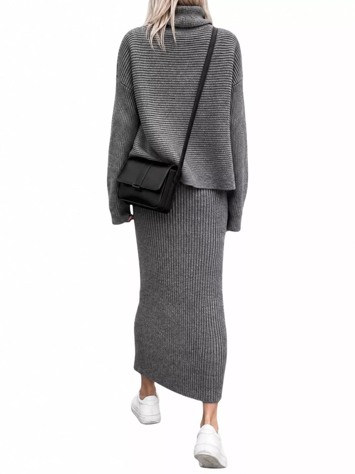 Ribbed Turtleneck Sweater Set with Matching Midi Skirt