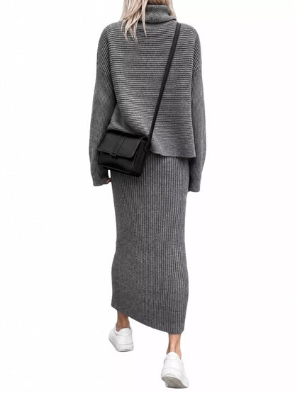 Ribbed Turtleneck Sweater Set with Matching Midi Skirt