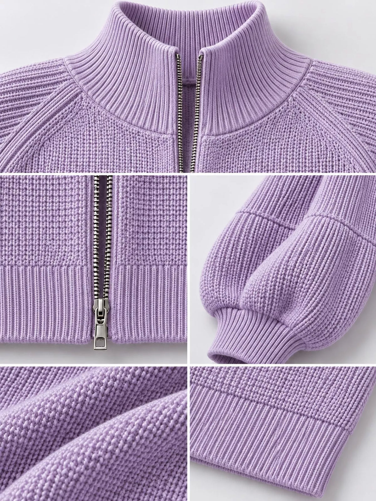Full Size Elegant Ribbed Knit Zip-Up Cardigan with Lantern Sleeves Plus Size