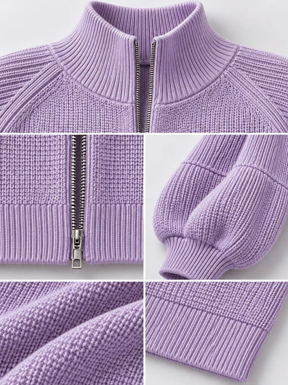 Full Size Elegant Ribbed Knit Zip-Up Cardigan with Lantern Sleeves Plus Size