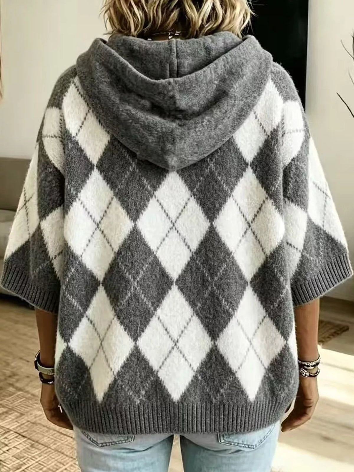 Full Size Argyle Pattern Hooded Sweater Plus Size