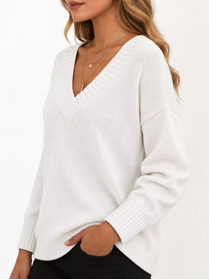 Full Size V-Neck Dropped Shoulder Sweater Plus Size