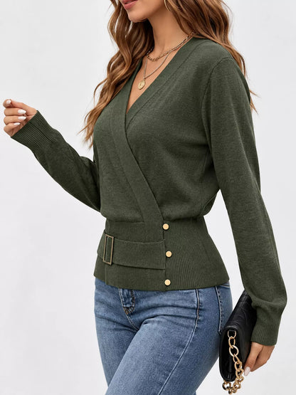 Surplice Elastic Waist Long Sleeve Knit Top