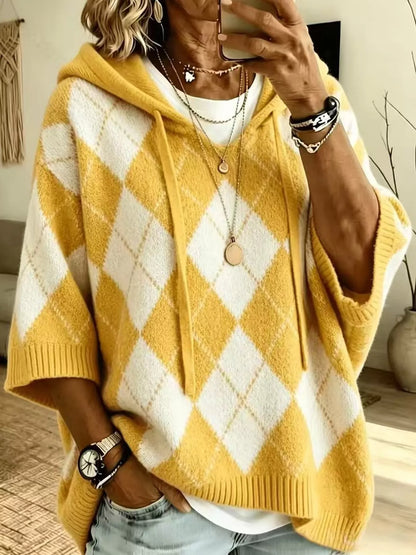 Full Size Argyle Pattern Hooded Sweater Plus Size