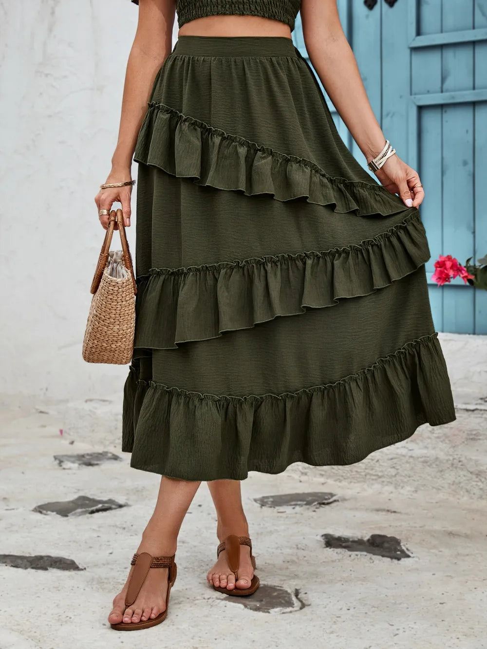 Honey Ruffled Elastic Waist Midi Skirt