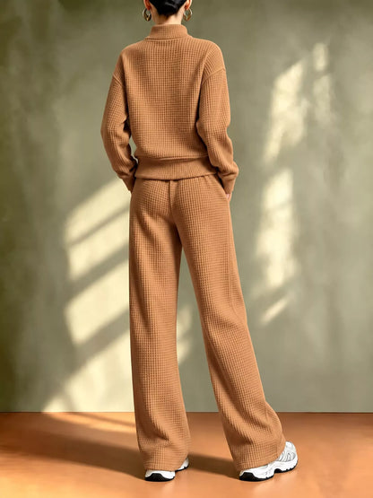 Waffle Knit Button-Up Outerwear and Wide-Leg Pants Set