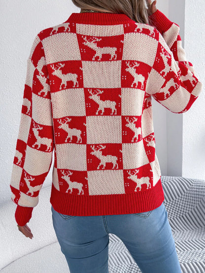 Reindeer Checkerboard Pattern Pullover Sweater