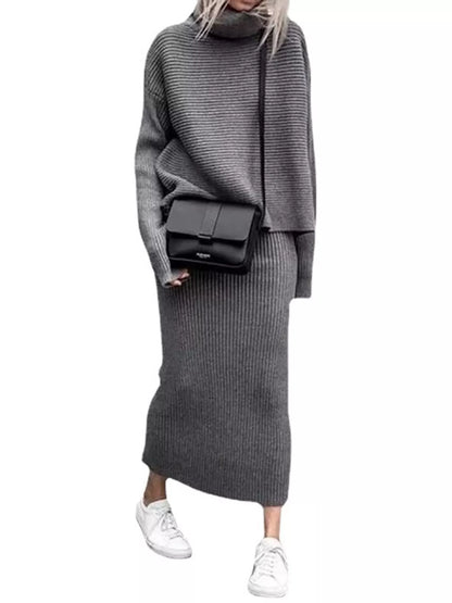 Ribbed Turtleneck Sweater Set with Matching Midi Skirt