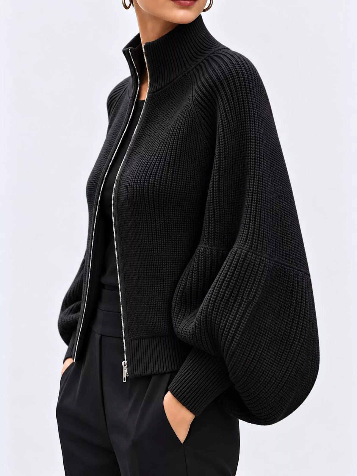 Full Size Elegant Ribbed Knit Zip-Up Cardigan with Lantern Sleeves Plus Size