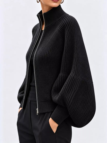 Full Size Elegant Ribbed Knit Zip-Up Cardigan with Lantern Sleeves Plus Size