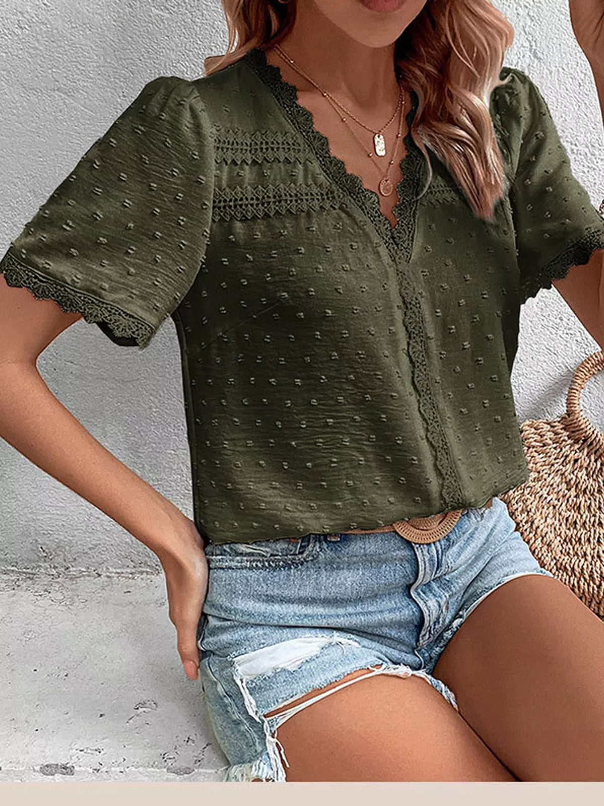 Elegant Swiss Dot V-Neck Blouse with Lace Trim