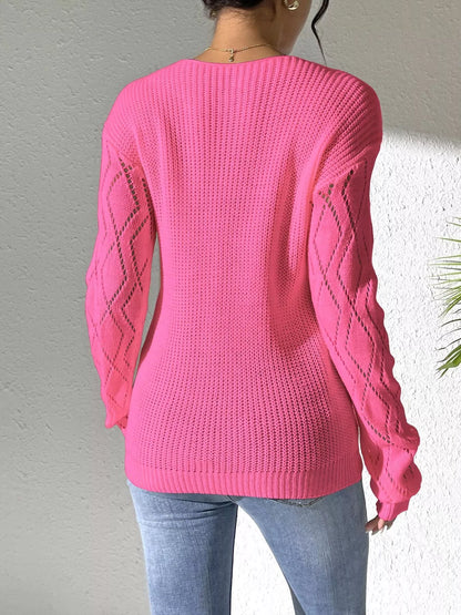 Floral Applique V-Neck Openwork Sweater