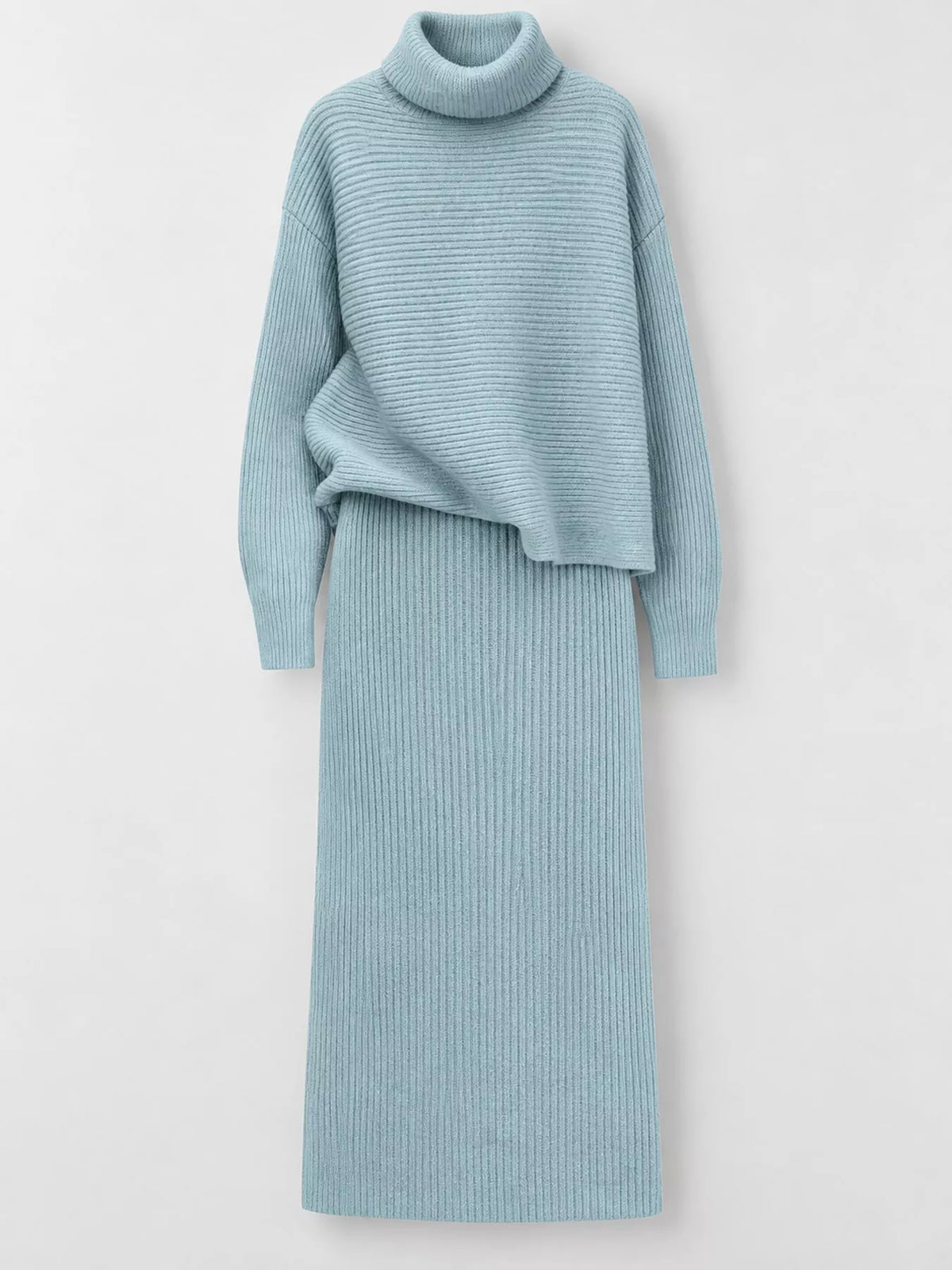 Ribbed Turtleneck Sweater Set with Matching Midi Skirt