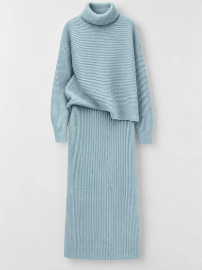 Ribbed Turtleneck Sweater Set with Matching Midi Skirt