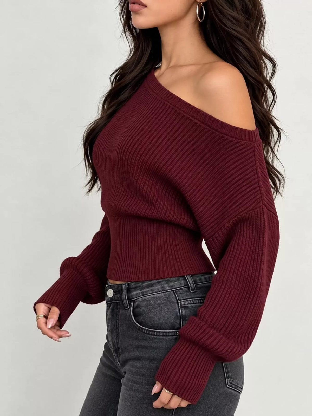 One Shoulder Ribbed Knit Sweater