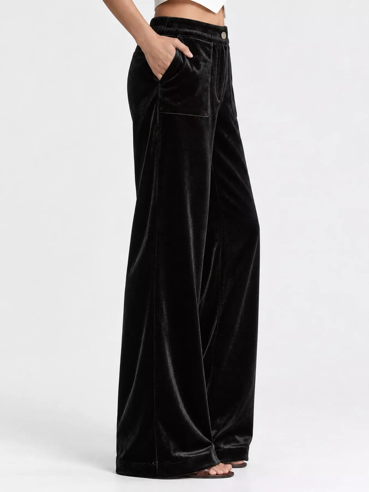 Full Size High-Waisted Wide-Leg Velvet Pants with Pockets Plus Size