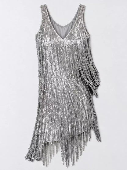 Full Size Fringe Sequin V-Neck Mini Dress Plus Size