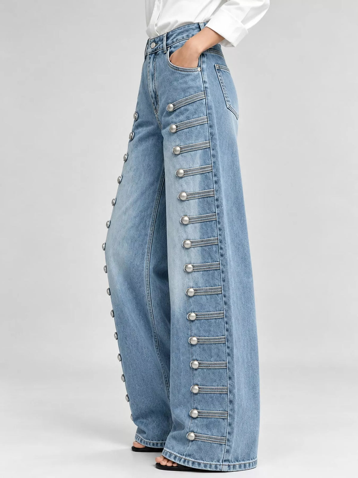 Decorative Button Wide-Leg Jeans