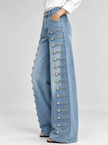 Decorative Button Wide-Leg Jeans