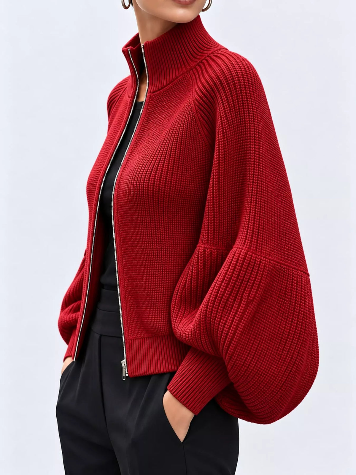 Full Size Elegant Ribbed Knit Zip-Up Cardigan with Lantern Sleeves Plus Size