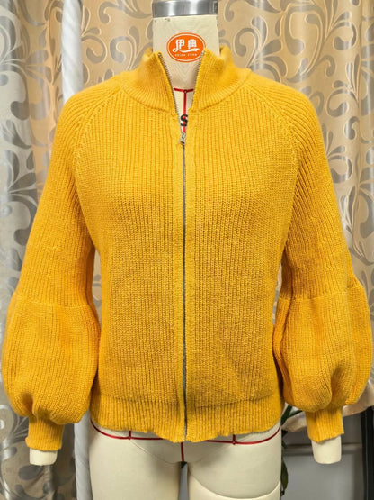 Full Size Elegant Ribbed Knit Zip-Up Cardigan with Lantern Sleeves Plus Size