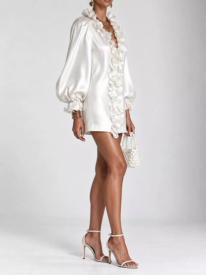 Ruffle Trim Puff Sleeve Mini Dress