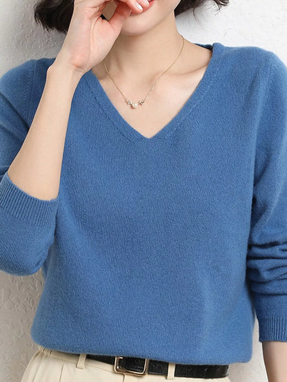 Elegant V-Neck Long Sleeve Soft Knit Top
