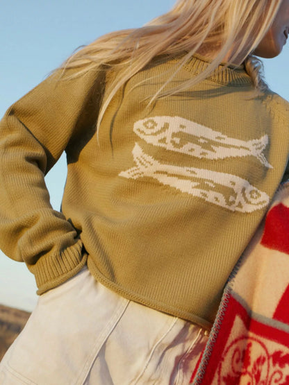 Fish Pattern Crew Neck Sweater