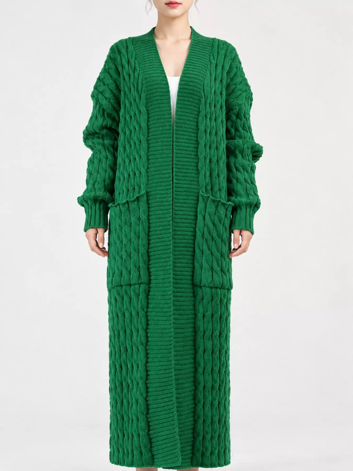 Elegant Cable-Knit Longline Open-Front Cardigan