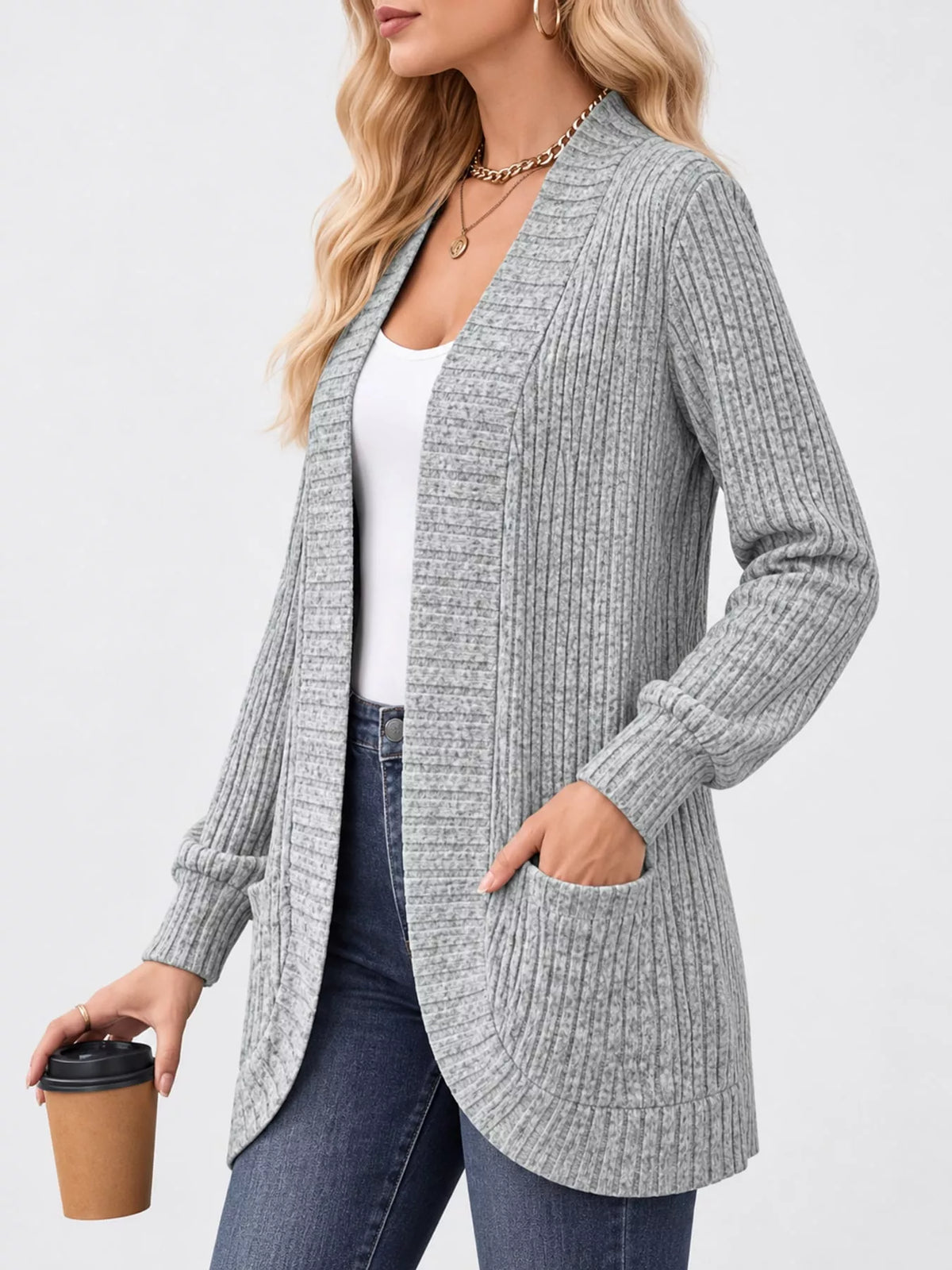 Full Size Classic Ribbed Open-Front Longline Cardigan Plus Size