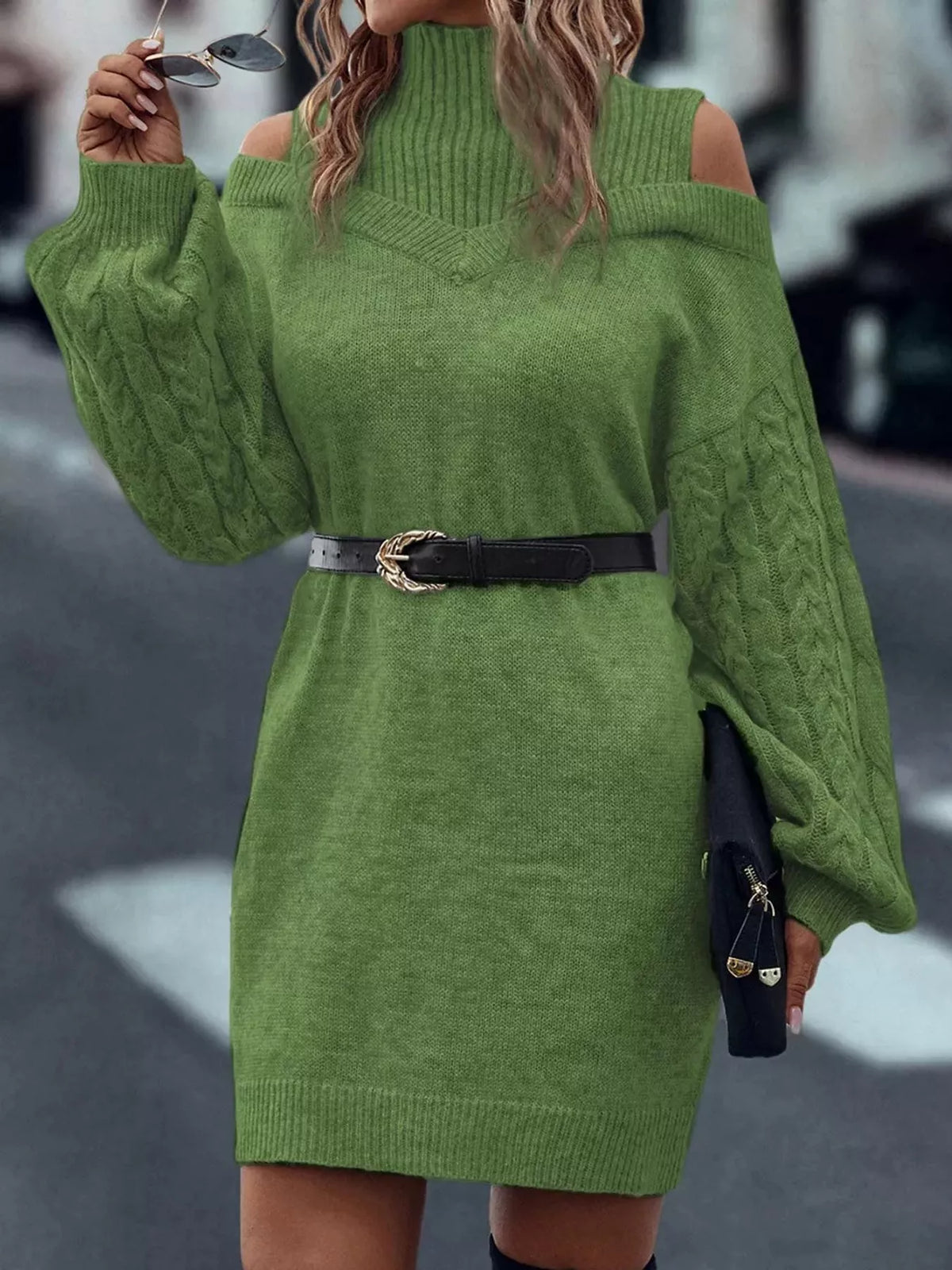 Cold Shoulder Cable Knit Mock Neck Sweater Dress