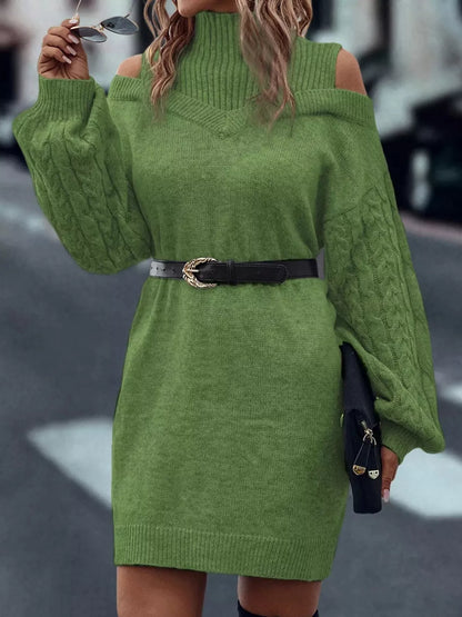 Cold Shoulder Cable Knit Mock Neck Sweater Dress