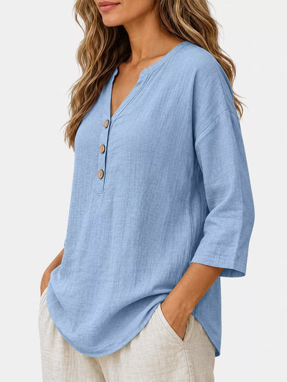 Full Size Button Detail Notched 3/4 Sleeve Blouse Plus Size