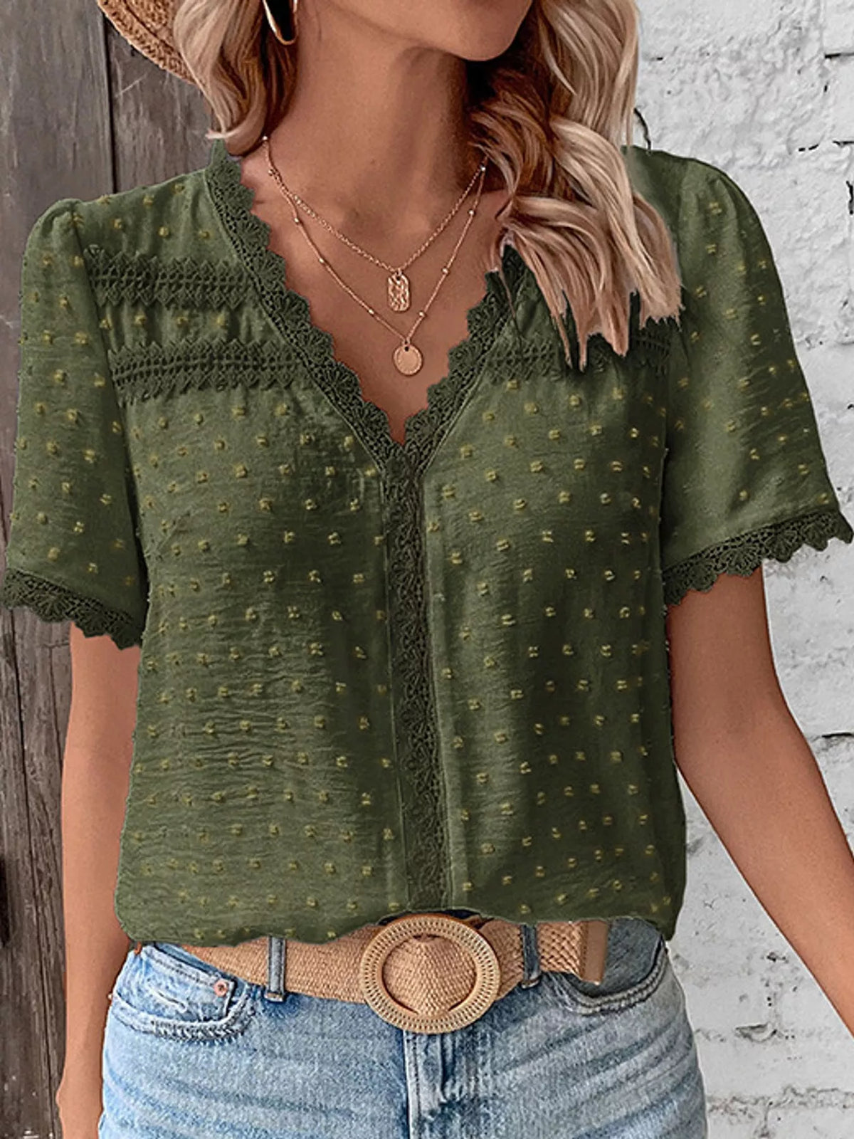Elegant Swiss Dot V-Neck Blouse with Lace Trim