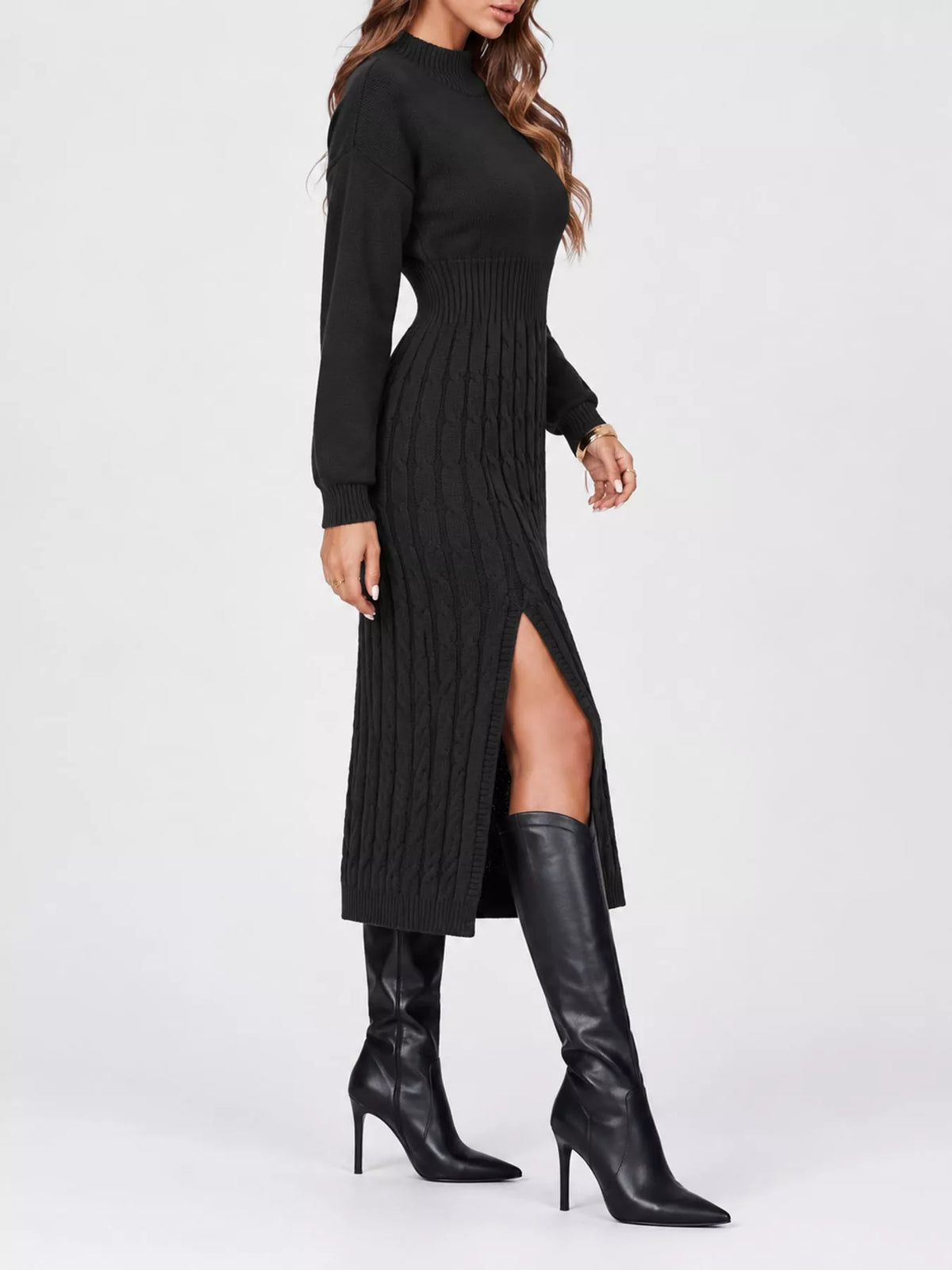 Full Size Mock Neck Cable Knit Sweater Dress with Front Slit Plus Size