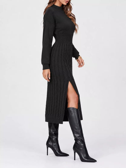 Full Size Mock Neck Cable Knit Sweater Dress with Front Slit Plus Size
